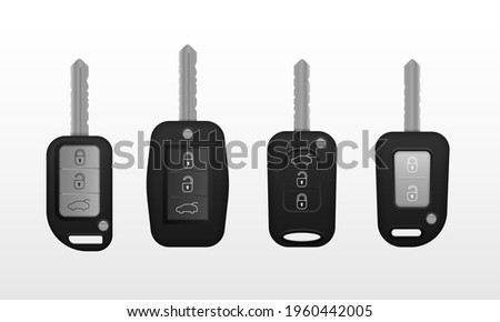 Set of electronic car key front and back view and alarm system. Realistic car keys black color isolated on white background. 3d realistic mockup.