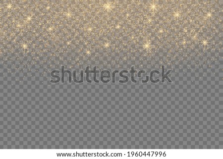 Sparkling golden magic dust particles on transparent background, sparkle, shine lights, yellow dust sparks and star shine with special light, Christmas sparkl light effect illustration.