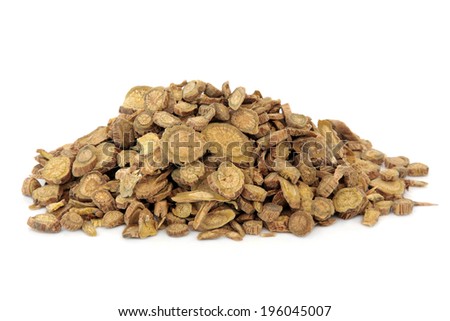 Scutellaria root used in chinese herbal medicine over white background.  Huang qin. Royalty-Free Stock Photo #196045007