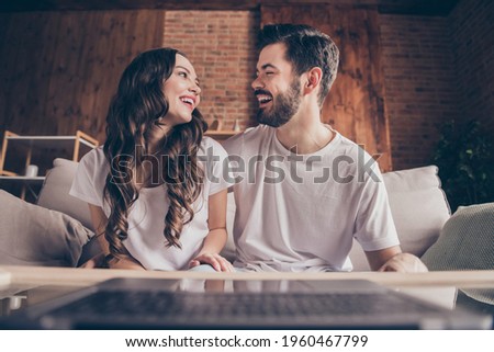 Portrait of beautiful handsome cheerful friends friendship making video call having fun at loft style interior home house indoor