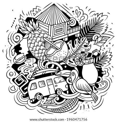 Hawaii cartoon vector doodle design. Line art detailed composition with lot of Hawaiian objects and symbols. All items are separate