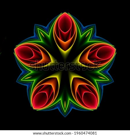 Abstract kaleidoscopic pattern of rolled color paper sheets on black background