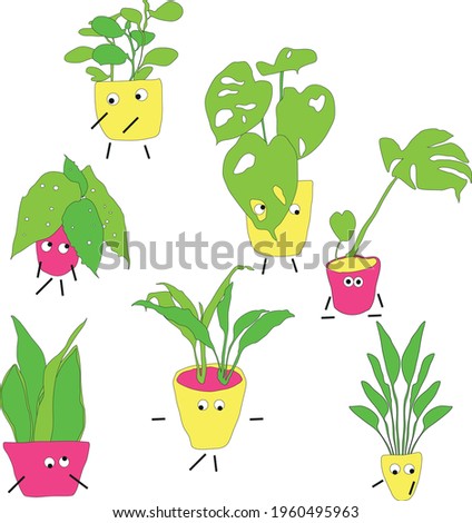 set of drawings of houseplants with faces. cartoon characters in the form of flower pots. funny multicolored indoor flowers. doodle pots. cartoon houseplants