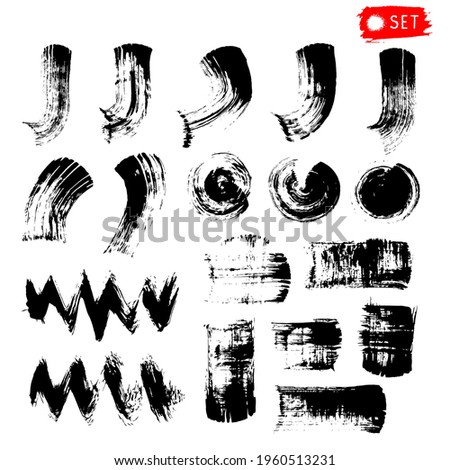 Set of black ink paints, brushes, etc. Grunge element design. Vector illustration. Isolated on white background. 