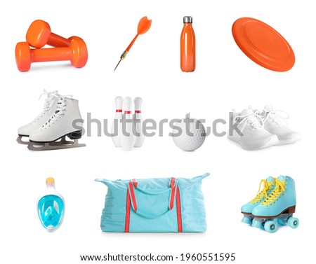 Set with different sports tools on white background