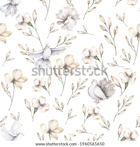 Pigeon clip art digital drawing watercolor, white dove bird fly, flowers illustration seamless pattern on white background. High quality 