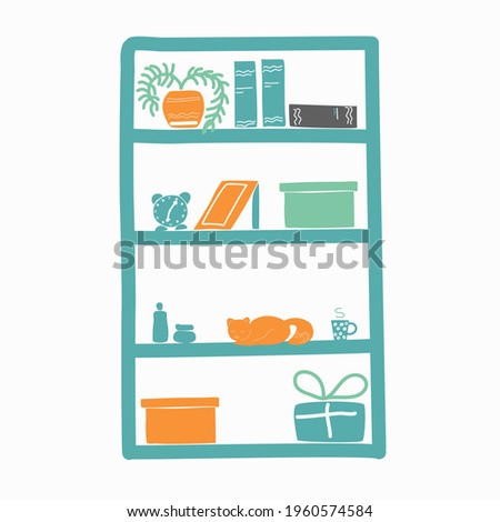 A wardrobe in the living room for books, photographs and other interior items. Isolated element on white background in doodle style.