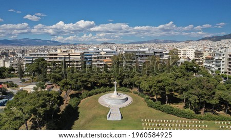 Aerial drone photo of War cemetery of fallen soldiers Commonwealth of the conquest of Greece by the Germans in 1941, Alimos, Athens, Greece