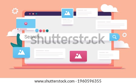 Laptop computer with search engine and web elements on screen. Online search, and seeking information on internet concept. Vector illustration. Royalty-Free Stock Photo #1960596355