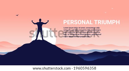 Personal triumph - Male person standing on mountain peak with raised hands, having overcome adversity. Mental strength and winner mentality concept. Vector illustration. Royalty-Free Stock Photo #1960596358