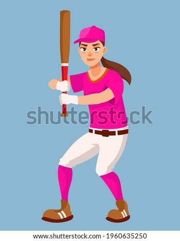 Female baseball player in attacking position. Sportswoman in cartoon style.