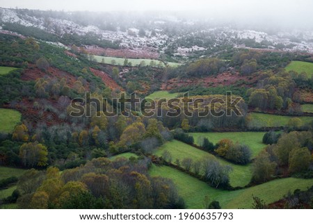 First snow at the end of autumn over the deciduous forests still with foliage in the Courel Mountain Range Galicia