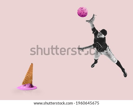 Baseball pitcher with strawberry ice ball in flight, jump on pastel purple background. Copy space for ad, text. Modern design. Conceptual, contemporary bright artcollage. Party time, fun mood.