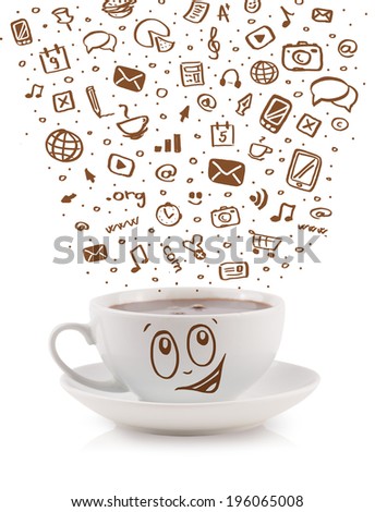 Coffee-mug with hand drawn media icons, isolated on white
