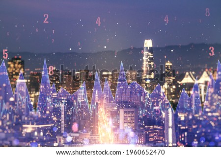 Multi exposure of abstract statistics data hologram interface on San Francisco office buildings background, computing and analytics concept