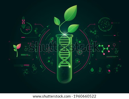 concept of green biotechnology or synthetic biology, graphic of plant combined with DNA shape Royalty-Free Stock Photo #1960660522