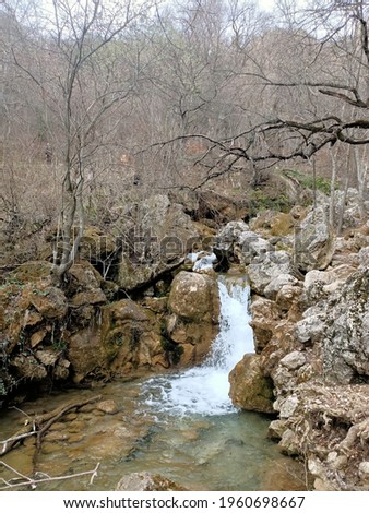 Forest waterfall in mountains at the winter season