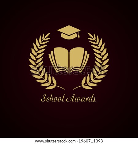 Educational awards logotype concept. Gold wreath, notebook and graduating hat. Creative school prize. Isolated abstract graphic design template. Nominee stamp. Open book framed by luxurious crown palm
