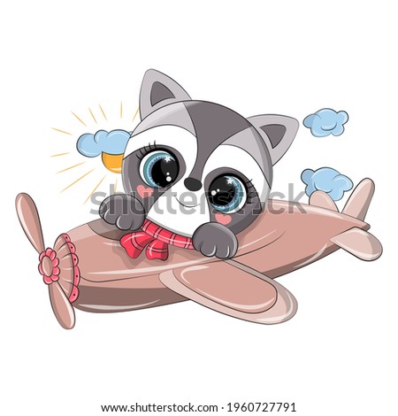 Cute vector raccoon at the helm of the plane. An isolated illustration of an animal made in a cartoon style using bright colors. The images are suitable for baby products and packaging