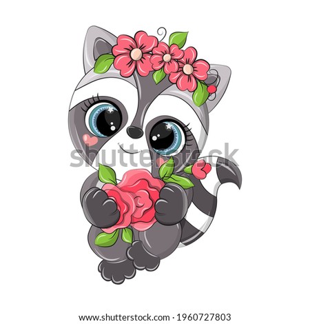 Isolated raccoon with a bouquet of flowers is smiling cute and a little embarrassed. The clip art is made in a cartoon style using bright colors. The illustration is intended for kids products.
