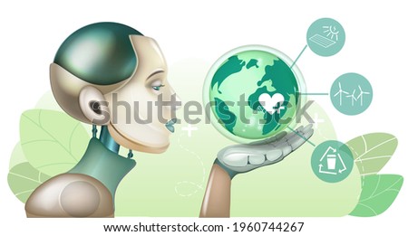Enviroment protection. Vector stock illustration. Background with plants. World Environment Day.Robot girl.
Caring for environment using modern technologies. Robot holds planet in its hand.  Royalty-Free Stock Photo #1960744267