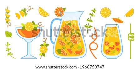 Orange cocktail cartoon set, lemon, jug and glass. Citrus drink tea in transparent teapot with ingredients. Hand drawn summer time flat style. Illustration for invitations, card, poster vector