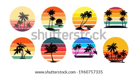 Set of retro sunsets in the style of the 80s and 90s. Abstract background with a sunny gradient. Silhouettes of palm trees. Vector design template for logo, badges. Isolated white background. Royalty-Free Stock Photo #1960757335