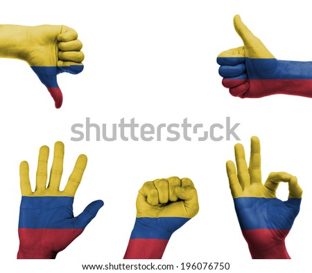A set of hands with different gestures wrapped in the flag of Colombia