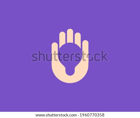 Abstract bulb in the hand palm logo design. Universal minimalistic electricity, idea, invention vector sign symbol logotype.