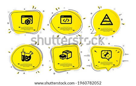 Packing boxes, Chemistry lab and Seo gear icons simple set. Yellow speech bubbles with dotwork effect. Seo script, Pyramid chart and Spanner signs. Delivery box, Laboratory, Settings. Vector