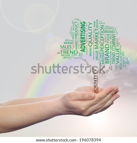 Concept or conceptual tree word cloud tagcloud in man or woman hand on rainbow sky  background, metaphor to business, trend, focus, market, value, product, advertising or customer or  corporate