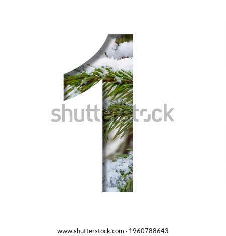 Winter font. The digit one, 1, is cut out of paper against the background of winter fir branches with snow. A set of volumetric natural fonts, suitable for Christmas signatures.
