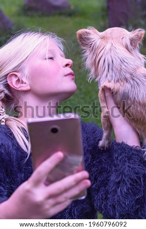 cute blonde with a purebred dog chihuahua in her arms makes a selfie on the background of a green lawn