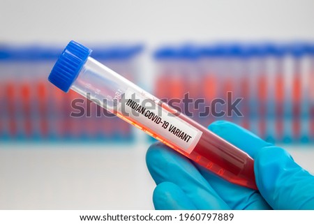A medical Worker holding a centrifuge tubes with graduated marks with a Covid-19 Indian variant virus sample. Concept: Lineage B.1.617, Double mutation Royalty-Free Stock Photo #1960797889