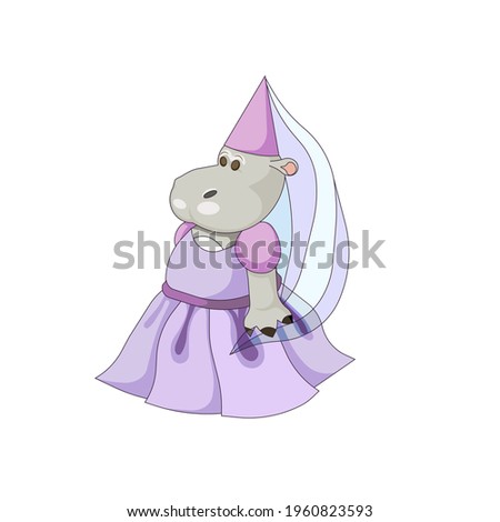 Hippo princess in a dress on white isolated background, hippopotamus or river-horse as a princess in purple dress Cartoon style for prints, patterns, stickers, elements of decor for apps, websites.