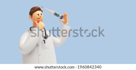 3d render, doctor cartoon character wearing uniform and stethoscope holding thermometer device, medical clip art isolated on blue background