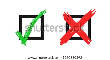 Hand drawn check and cross sign elements isolated on white background. Grunge doodle green checkmark OK and red X in black  square icons. Vector illustration