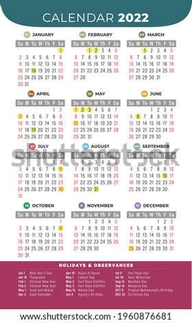 Calendar 2022 with Malaysia Public Holiday, Ready to print with business card size template, vector