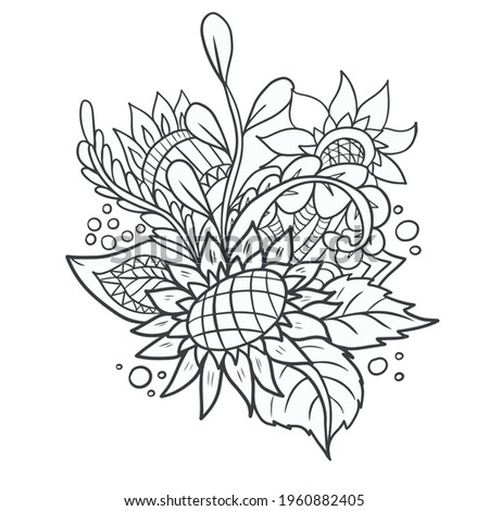 Floral botanical doodles.Vector design on a white isolated background for banners coloring book antistress