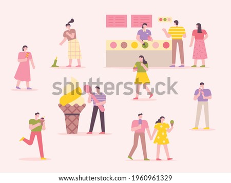 Many people are eating ice cream. Ice cream shop with pink background. flat design style minimal vector illustration.