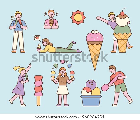 People are enjoying several types of ice cream. flat design style minimal vector illustration.