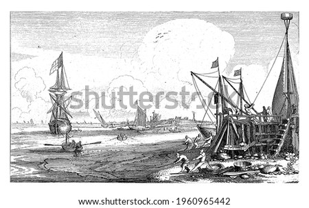 Fishermen haul their nets in at a jetty. Sailing ships and figures in sloops on the water. Print from a series of eight with marines.
