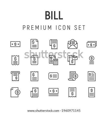 Premium pack of bill line icons. Stroke pictograms or objects perfect for web, apps and UI. Set of 20 bill outline signs. 