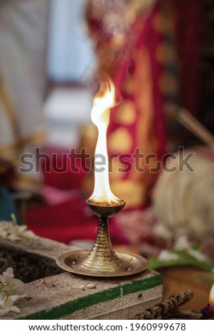 Hindu Temple Lamp in Temple Pooja Time Closeup View