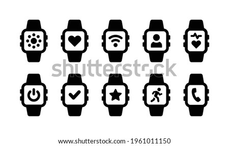 Smartwatch user, heart rate, phone, pedometer, power mode set icon.