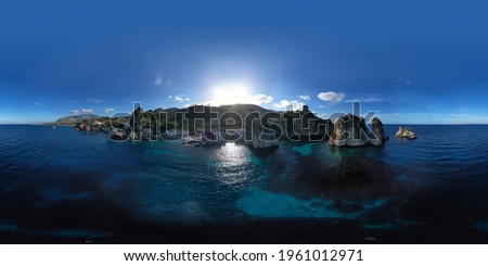 360 degree photo of the trap of Scopello. It is one of the most important and ancient in all of Sicily. Blue sea with the stacks. Relax in Sicily. One of the most beautiful bays in Italy.