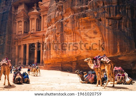 Petra Al Khazneh, aka the Treasury, with Camels in Petra, Jordan Royalty-Free Stock Photo #1961020759