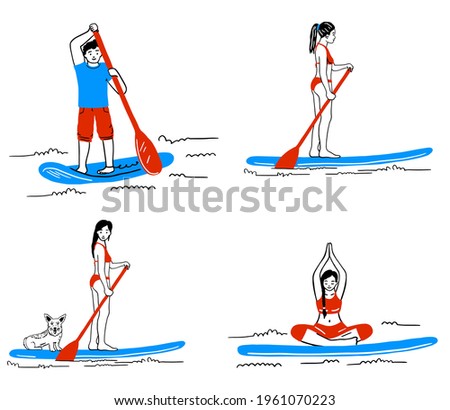 Stand Up Paddle Boarding elements collection. SUP surfing cartoon vector illustration set with young woman, inflatable supboard, backpack, paddle, pump and lettering isolated on a white