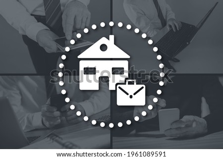 Work from home concept illustrated by pictures on background
