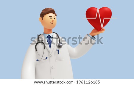 3d render. Cardiologist cartoon character shows red heart symbol. Clip art isolated on blue background. Medical application concept